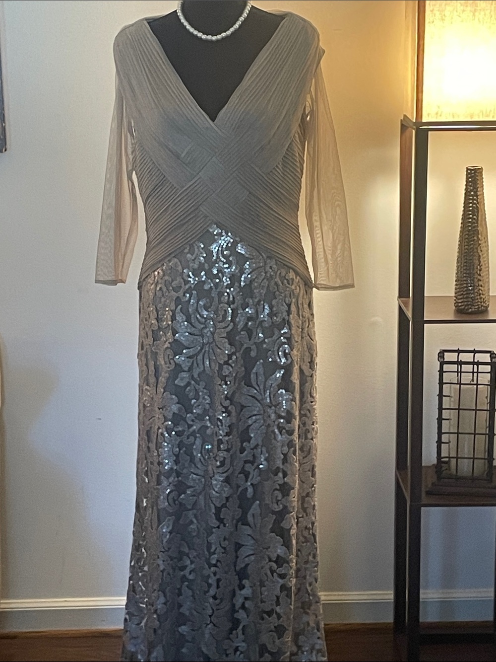 Tadashi Shoji Silver-Gray Long Sleeve Sequin & Lace Evening Dress